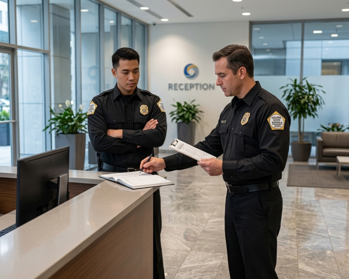 Supervisor reviewing post orders with a uniformed Golden State Patrols officer at a reception desk